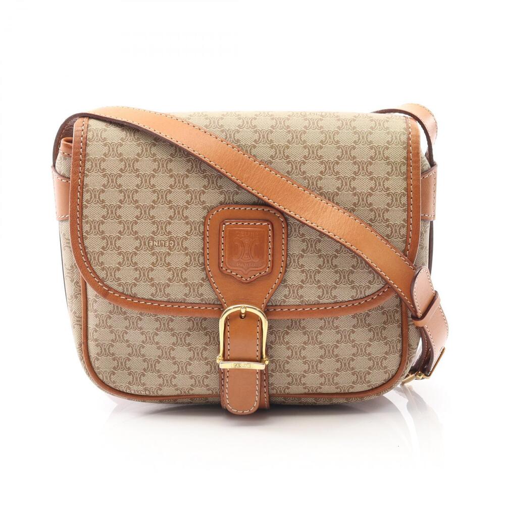 Celine Macadam Shoulder Bag Canvas Leather Beige Tones Tan Brown